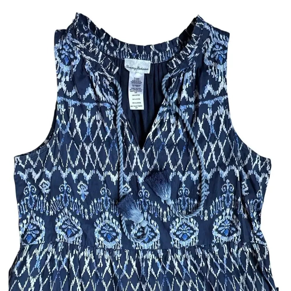 Tommy Bahama Cotton Blue Ikat Tassel Tie Sleeveless Dress Boho Coastal Ruffle S - Picture 4 of 9